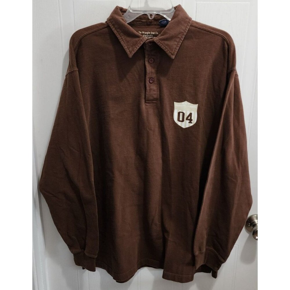RARE Wrangler 20X 1904 Varsity Champs Brown Long Sleeve Polo Shirt Size L Cotton
